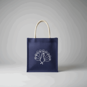 NAVY BLUE JUTE BAG WITH PEACOCK DESIGN
