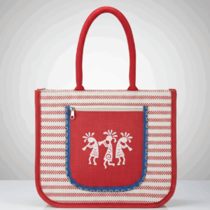 RED JUTE BAG WITH TRIBAL ART DESIGN