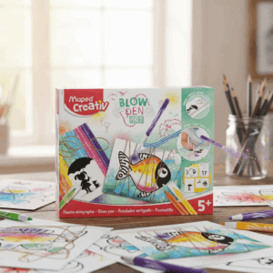 MAPED BLOW PEN STRING ART KIT FOR KIDS | AIRBRUSH WITH 6 NON-TOXIC, WASHABLE FELT-TIP PENS | 5 PRINTED DRAWING SHEETS | CREATIVE ART & FUN GIFT FOR 5+ AGE